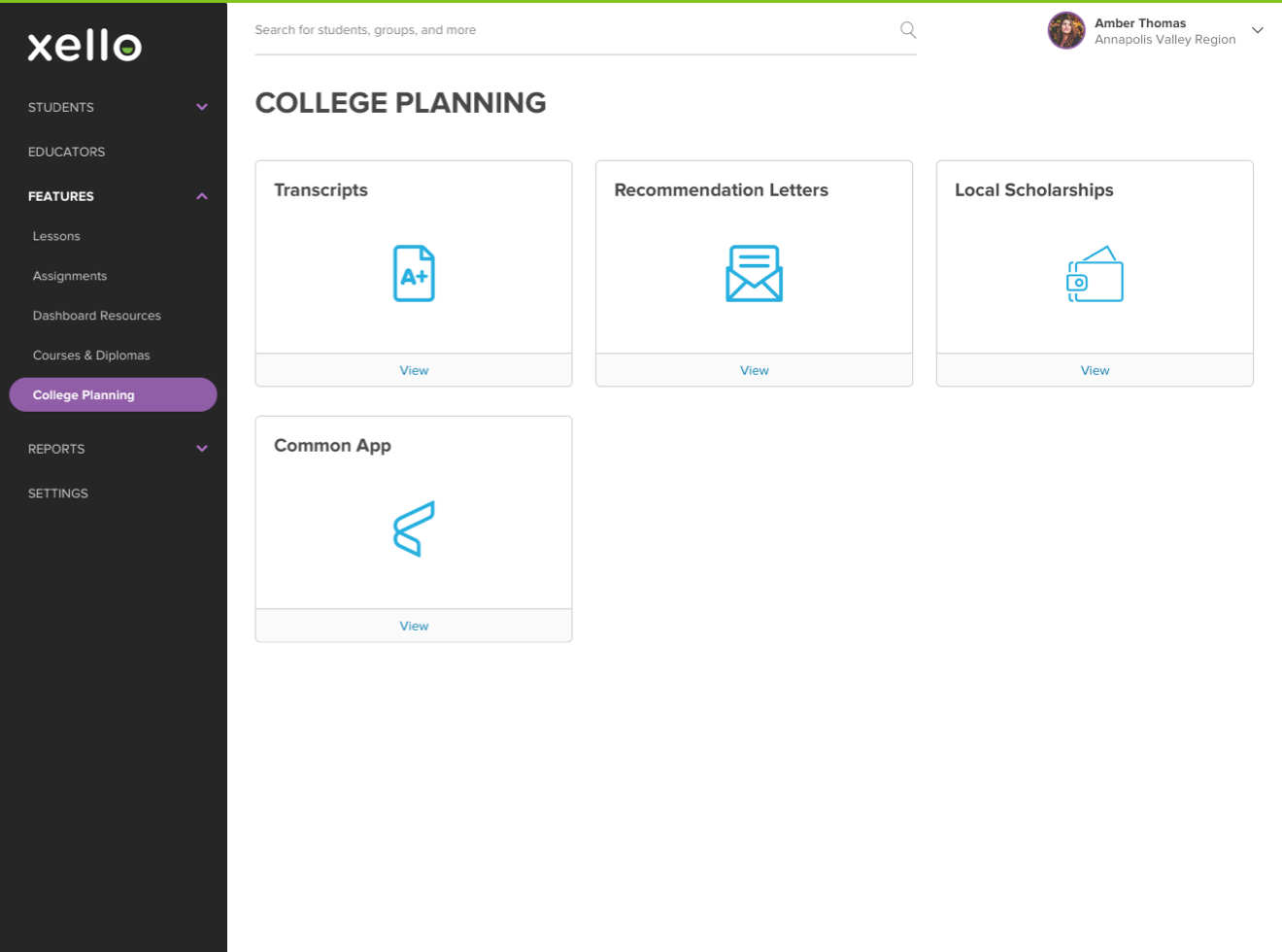 College Planning section in Educator Tools