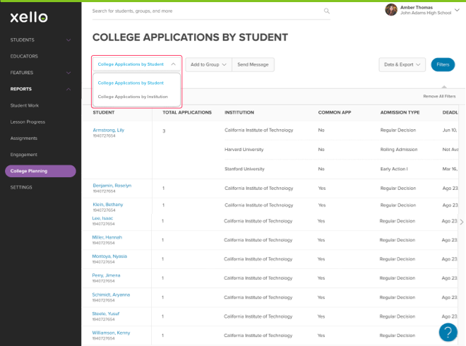 Xello College Applications By Student